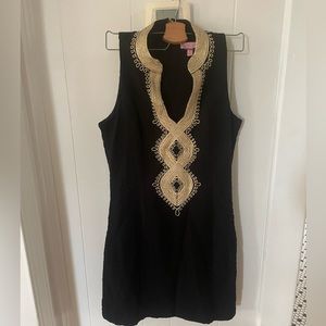Lilly Pulitzer Alexa Shift Dress in Onyx with Golden Embellishments
